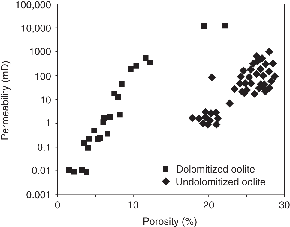 A comparison of porosity and permeability for dolomitized and undolomitized oolite (Cretaceous Middle East).