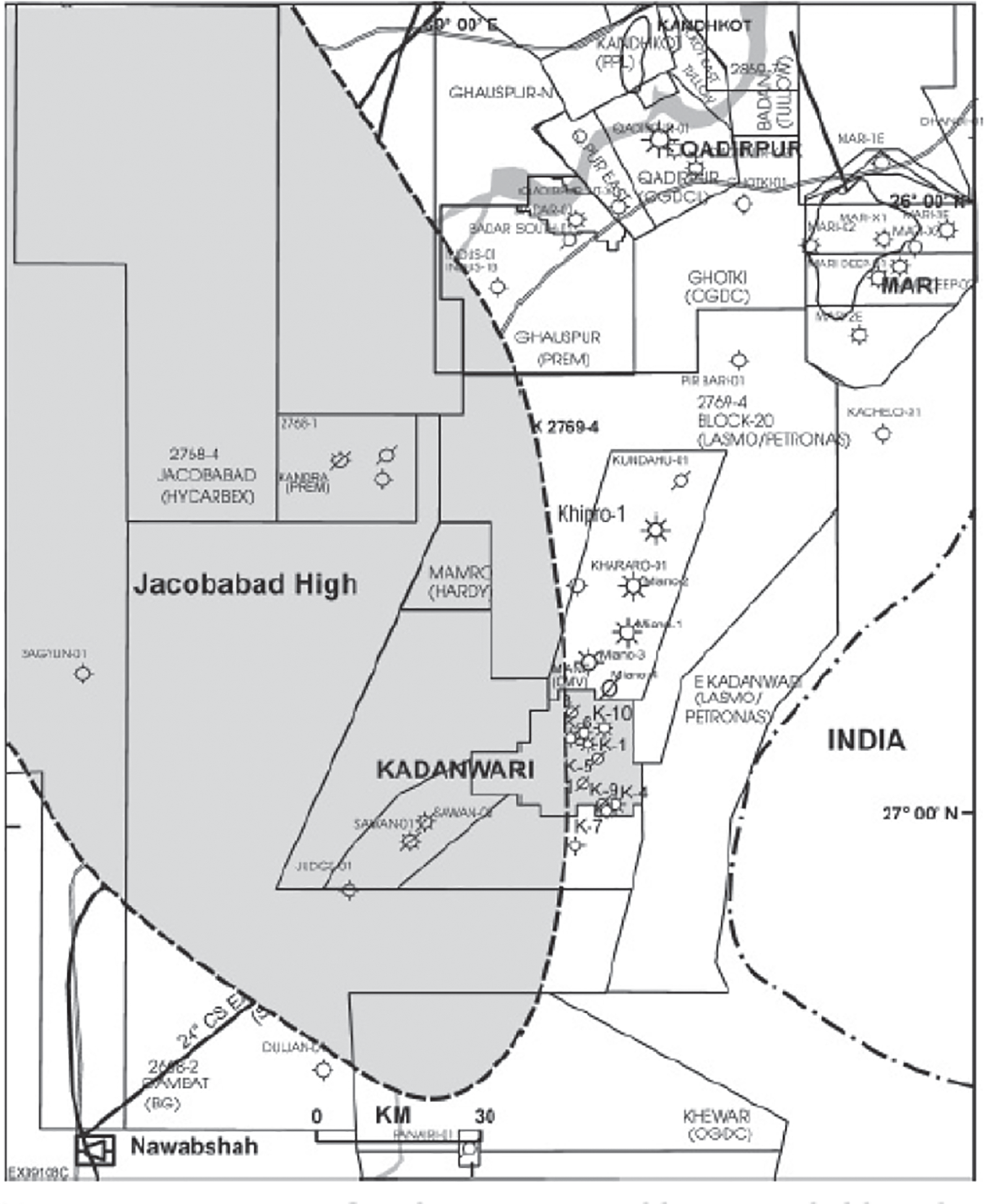 Location map of Kadanwari Field and adjacent gas fields in the Middle Indus Basin in the south of Pakistan.