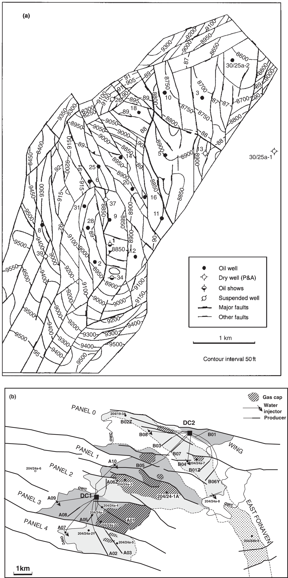 Vertical versus horizontal wells (contrasted development methods for the Argyll and Foinaven fields, UK continental shelf. (a) The Argyll Field was developed with vertical and near-vertical wells from a floating facility during the 1970s and 1980s. (b) The panel map and development well locations for the Foinaven Field, UK continental shelf. The wells are drilled from two centers (DC1 and DC2), individual, high-angle wells targeting specific reservoir, sandstone lobes.