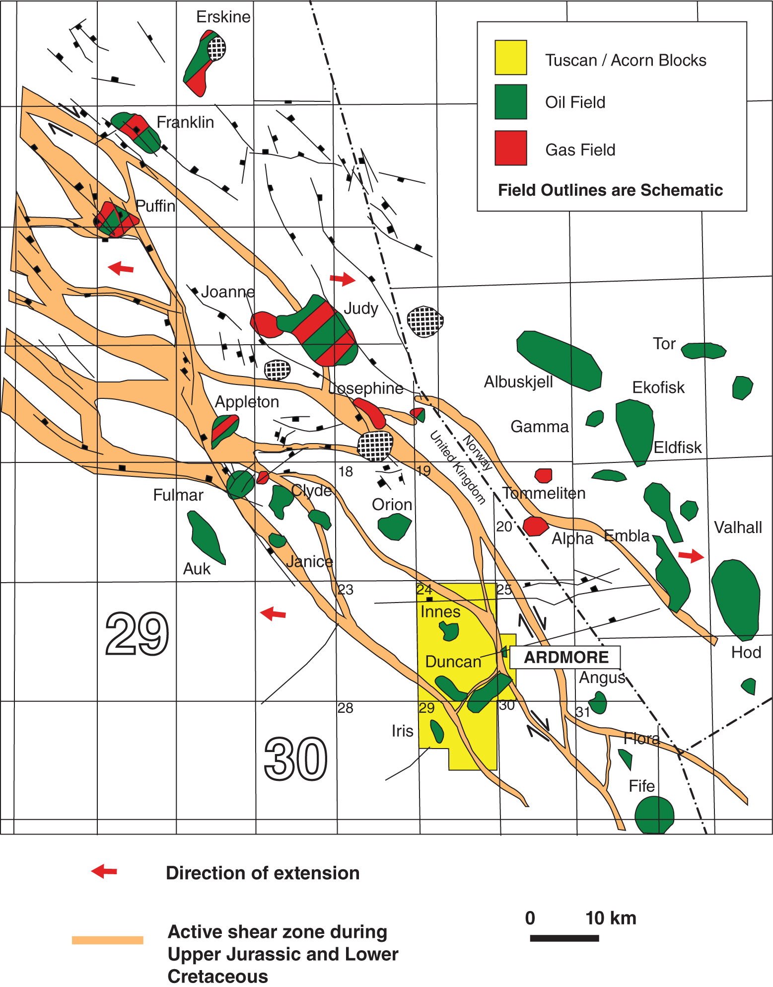 Argyll/Ardmore location map - located in a large tilted fault block in an elevated position on the western edge of the Central Graben of the North Sea High.