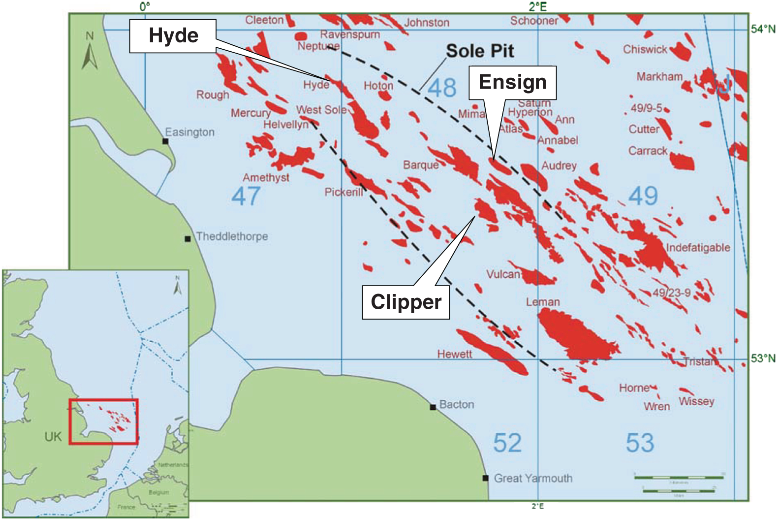Map depicting Hyde, Clipper, and Ensign gas fields, UK North Sea, have a low permeability reservoir and contain some naturally open fractures.