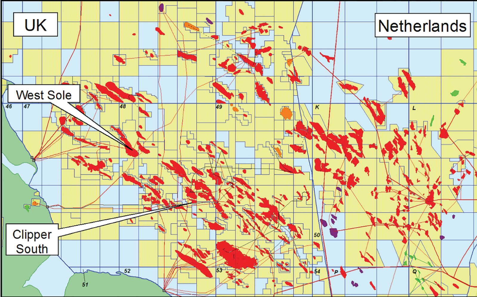 A map chart depicting the distribution of gas fields in the UK and Dutch sectors of the Southern North Sea.