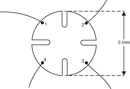 “Schematic diagram depicting a “cloverleaf” Hall specimen. Coding 1, 2, 3, 4 describes the different contacts used in the Van der Pauw technique.”
