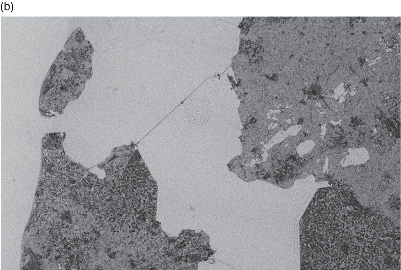 Image depicting irregular, fragmented shapes on a textured background. The left side shows a large, sharp and rough shape resembling a profile with a long protrusion, while smaller, scattered shapes are visible across the image. Thin lines connect some of the formations.