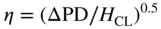 eta equals left-parenthesis upper Delta upper P upper D slash upper H Subscript upper C upper L Baseline right-parenthesis Superscript 0.5