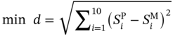 min d equals StartRoot sigma-summation Subscript i equals 1 Superscript 10 Baseline left-parenthesis upper S Subscript i Superscript normal upper P Baseline minus upper S Subscript i Superscript normal upper M Baseline right-parenthesis squared EndRoot