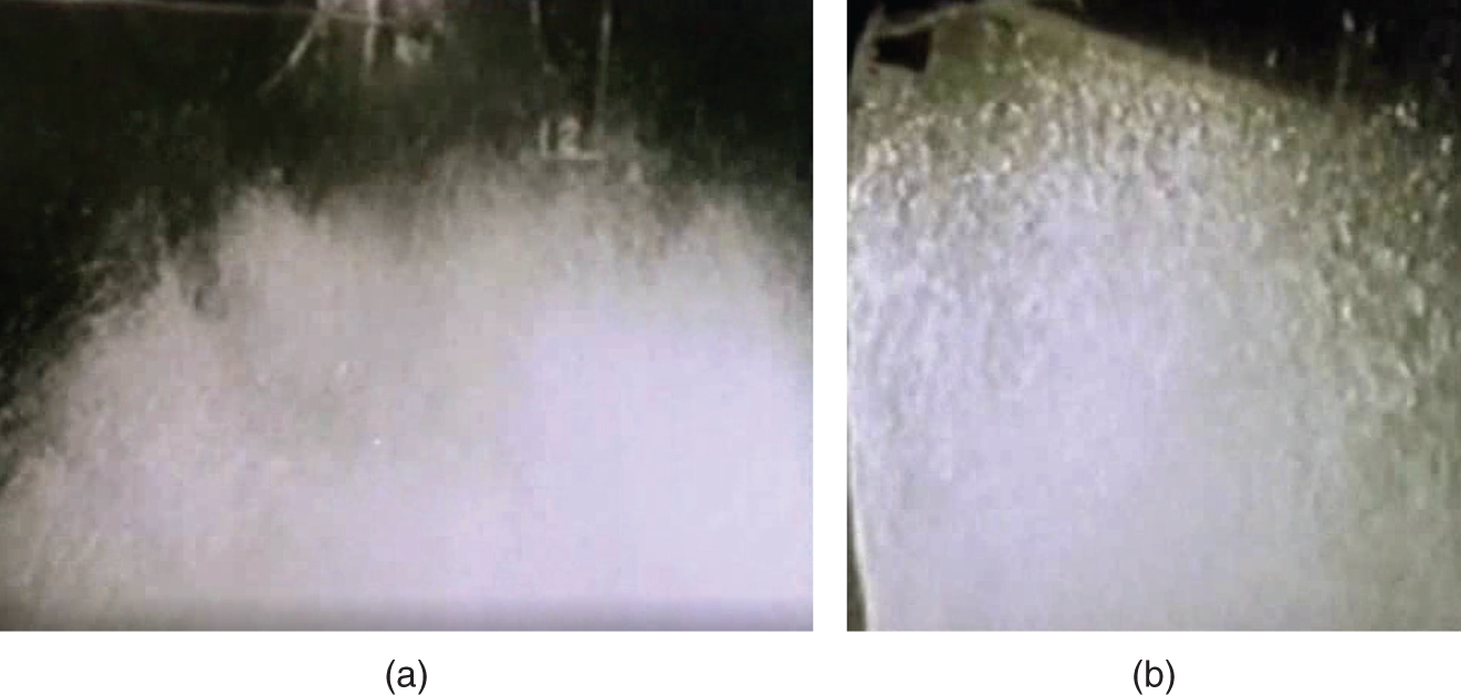 Two microscopic images of flood mechanisms in a tray. A. Unflooded tray. B. Flooded tray. As the vapor velocity is increased, froth or spray height on trays rises.