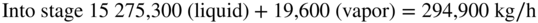Into stage Number 1 5 2 7 5 comma 3 0 0 left-parenthesis liquid right-parenthesis plus 19,600 left-parenthesis vapor right-parenthesis equals 294,900 k g slash normal h