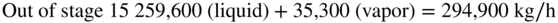 Out of stage Number 1 5 2 5 9 comma 6 0 0 left-parenthesis liquid right-parenthesis plus 35,300 left-parenthesis vapor right-parenthesis equals 294,900 k g slash normal h
