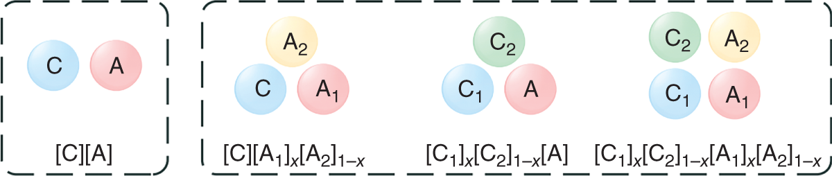 An image depicts the classical two-ion Ils along the DSILs. The different types are C A, C A1 A2, C1 C2 A1, and C1 C2 A1 A2. Where C is a cation, A is an anion, and x refers to the molar ion ratio.