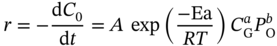 r equals minus StartFraction normal d upper C 0 Over normal d t EndFraction equals upper A exp left-parenthesis StartFraction negative upper E a Over italic upper R upper T EndFraction right-parenthesis upper C Subscript normal upper G Superscript a Baseline upper P Subscript normal upper O Superscript b
