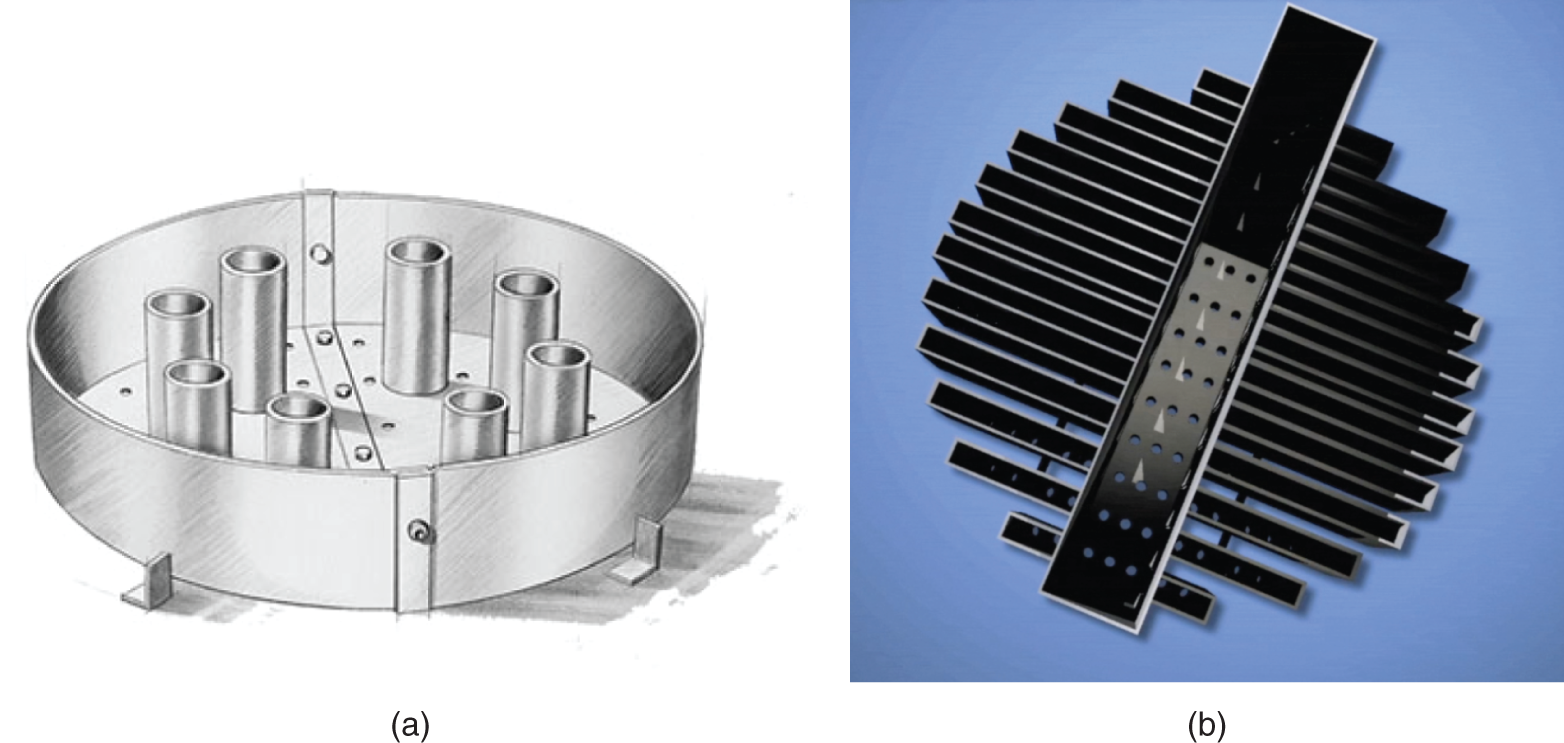 Two three-dimensional model of packing liquid distributors. A. An orifice pan distributor is a pan containing evenly spaced floor perforations and equipped with short tubes. B. A trough distributor in which liquid is fed to a rectangular box called a parting box. It contains holes that apportion the liquid to the troughs below.
