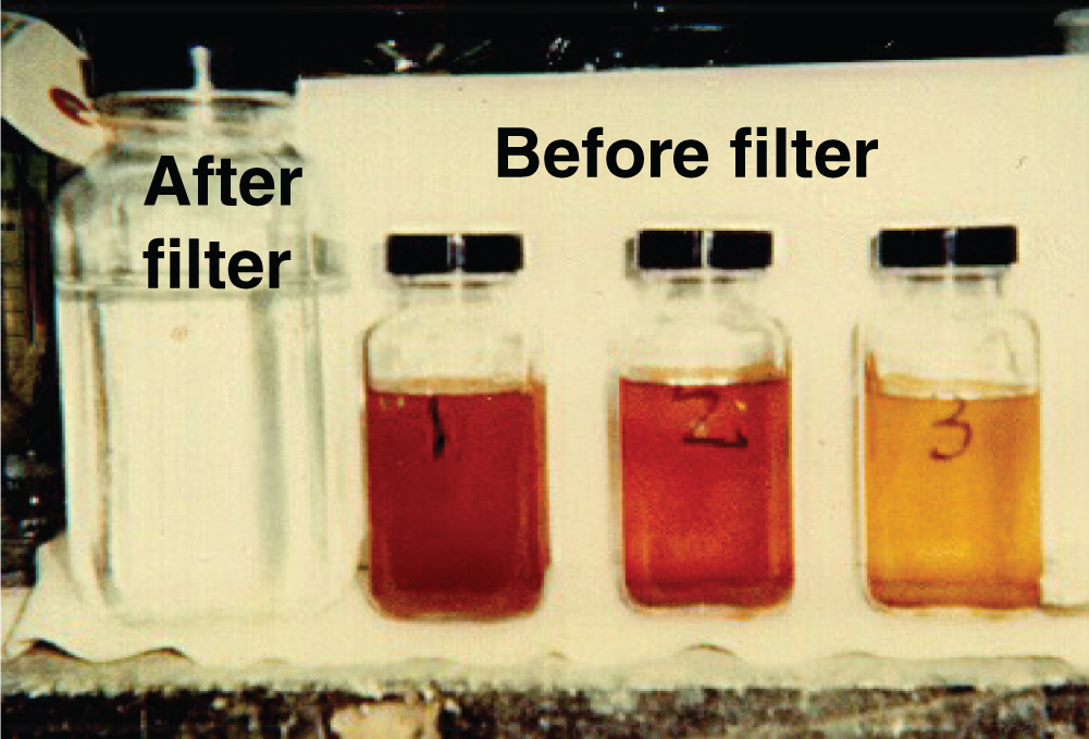 A photographic image of a tower feed stream samples. On the right are the three samples of coloration due to suspended solids or dissolved material. On the left are the purified samples after filter.