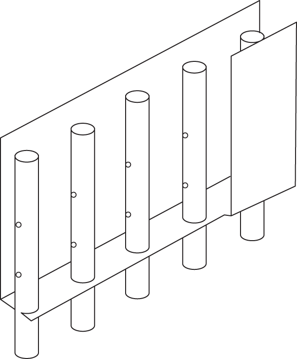 A schematic layout of wall perforations in a trough distributor. It consists of five tube with two holes at the wall of the distributor troughs or in downflow tubes. A thin plate is fixed to 5th tube with wall performations.