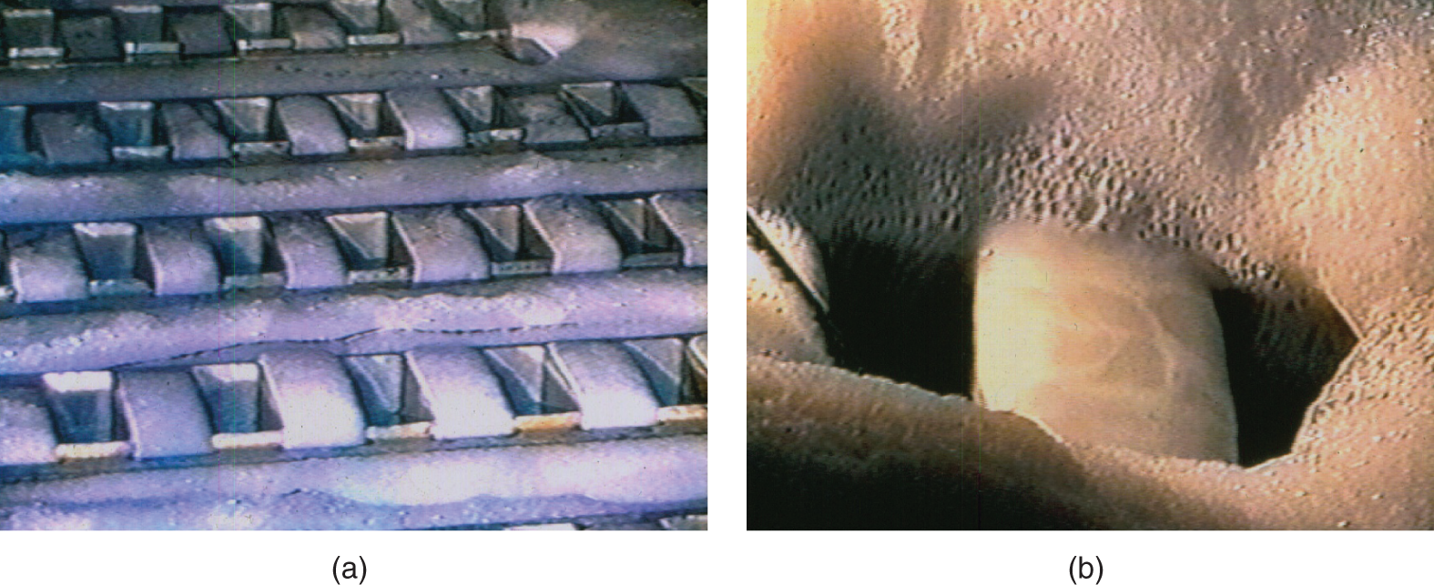 Two photographs of a packing distributor overflow. A. In-situ water test of a redistributor on the verge of overflowing. B. A close-up of two risers experiencing overflow in the water test and vapor flowing through the risers prevented liquid descent.