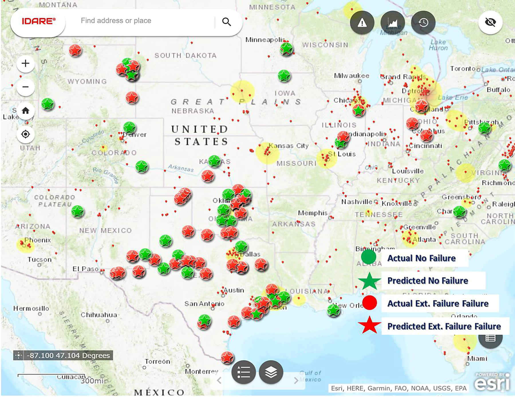 A map of the united states depicts marked locations, most concentrated in texas and eastern states. A legend shows symbols for actual and predicted failures, color-coded as no failure, failure, and extreme failure. The map includes navigation and zoom tools.