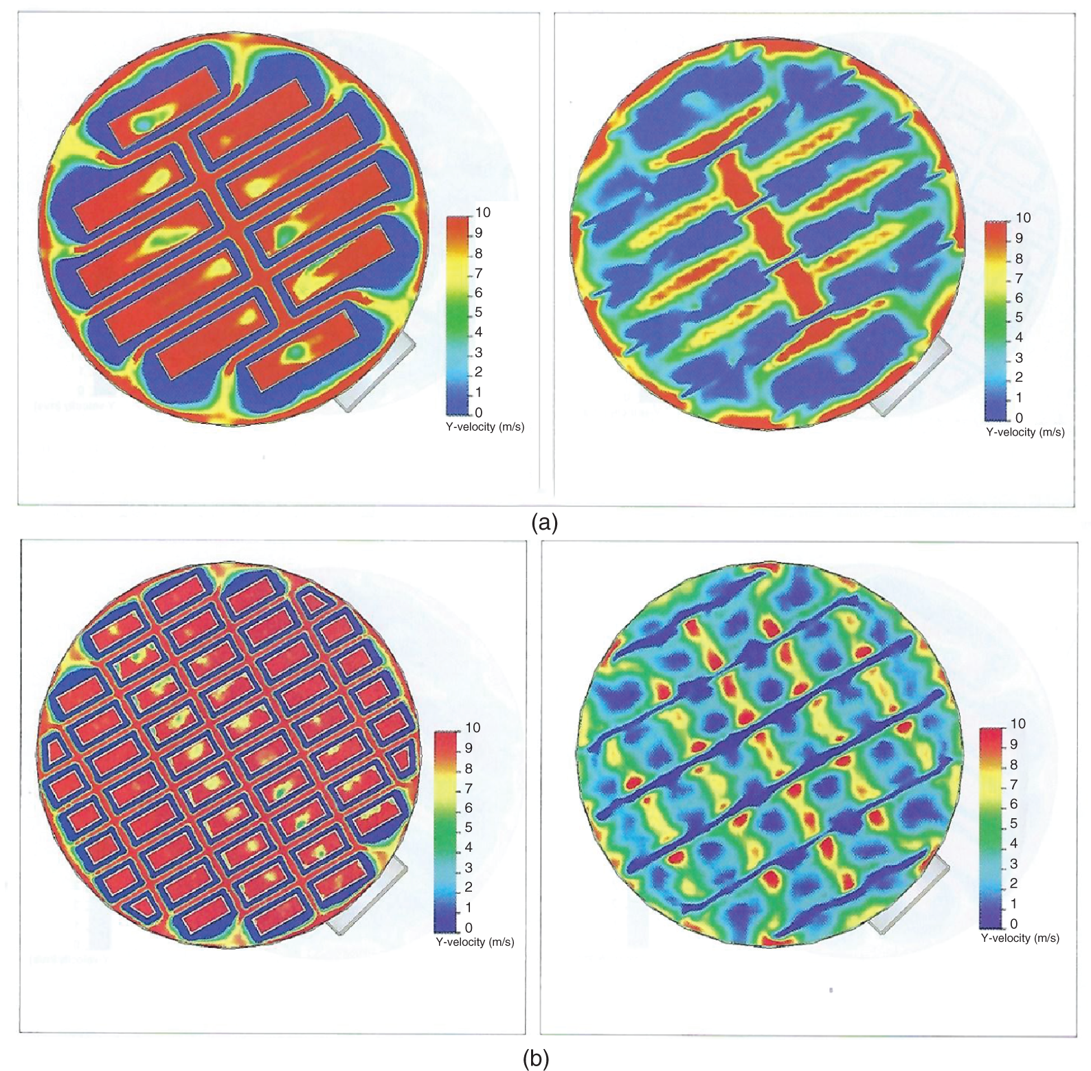 Four contour plots depicts vertical velocity profiles of a vacuum tower feed region. A. The analysis displays high-velocity peaks directly above the vapor outlets from the chimneys as well as around the periphery. B. Revised design can be mitigated by an enlarged feed nozzle and better vane distributor and chimney tray designs.