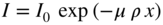 upper I equals upper I 0 exp left-parenthesis minus mu rho x right-parenthesis