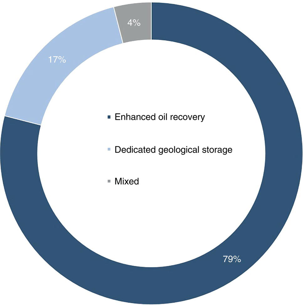 A donut chart shows three segments with values in percentage. Enhanced oil recovery at 7. Dedicated geological storage at 17. Mixed at 4. The largest segment is dark-shaded, the middle is medium-shaded, and the smallest is lightly shaded. Descriptive labels are placed inside each segment.