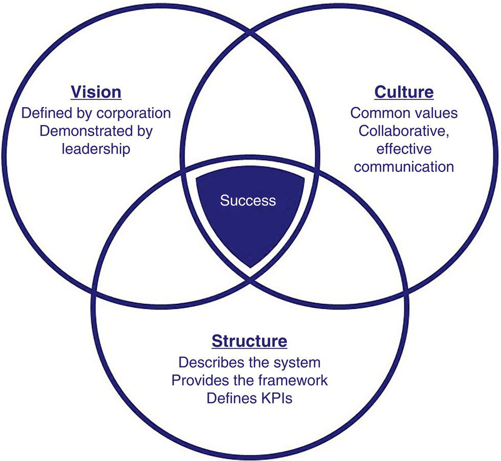 A Venn diagram with three overlapping circles labeled vision, culture, and structure. Vision is defined by a corporation and demonstrated by leadership. Culture consists of common values, collaborative, and effective communication. Structure describes the system, provides the framework, and defines K P I s. Center labeled success.