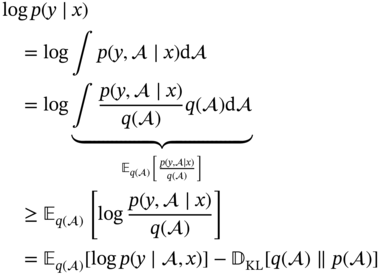 StartLayout 1st Row 1st Column Blank 2nd Column log p left-parenthesis y bar x right-parenthesis 2nd Row 1st Column Blank 2nd Column equals log integral p left-parenthesis y comma x right-parenthesis normal d 3rd Row 1st Column Blank 2nd Column equals log ModifyingBelow integral StartFraction p left-parenthesis y comma x right-parenthesis Over q left-parenthesis right-parenthesis EndFraction q left-parenthesis right-parenthesis normal d With presentation form for vertical right-brace Underscript double-struck upper E Subscript q left-parenthesis right-parenthesis Baseline left-bracket StartFraction p left-parenthesis y comma x right-parenthesis Over q left-parenthesis right-parenthesis EndFraction right-bracket Endscripts 4th Row 1st Column Blank 2nd Column greater-than-or-equal-to double-struck upper E Subscript q left-parenthesis right-parenthesis Baseline left-bracket log StartFraction p left-parenthesis y comma x right-parenthesis Over q left-parenthesis right-parenthesis EndFraction right-bracket 5th Row 1st Column Blank 2nd Column equals double-struck upper E Subscript q left-parenthesis right-parenthesis Baseline left-bracket log p left-parenthesis y bar comma x right-parenthesis right-bracket minus double-struck upper D Subscript upper K upper L Baseline left-bracket q left-parenthesis right-parenthesis parallel-to p left-parenthesis right-parenthesis right-bracket EndLayout