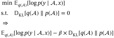 StartLayout 1st Row 1st Column Blank 2nd Column min double-struck upper E Subscript q left-parenthesis right-parenthesis Baseline left-bracket log p left-parenthesis y bar comma x right-parenthesis right-bracket 2nd Row 1st Column Blank 2nd Column normal s period normal t period double-struck upper D Subscript upper K upper L Baseline left-bracket q left-parenthesis right-parenthesis parallel-to p left-parenthesis right-parenthesis right-bracket equals 0 3rd Row 1st Column Blank 2nd Column right double arrow 4th Row 1st Column Blank 2nd Column double-struck upper E Subscript q left-parenthesis right-parenthesis Baseline left-bracket log p left-parenthesis y bar comma x right-parenthesis right-bracket minus beta times double-struck upper D Subscript upper K upper L Baseline left-bracket q left-parenthesis right-parenthesis parallel-to p left-parenthesis right-parenthesis right-bracket EndLayout