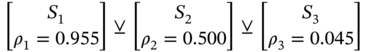 StartBinomialOrMatrix upper S 1 Choose rho 1 equals 0.955 EndBinomialOrMatrix xor StartBinomialOrMatrix upper S 2 Choose rho 2 equals 0.500 EndBinomialOrMatrix xor StartBinomialOrMatrix upper S 3 Choose rho 3 equals 0.045 EndBinomialOrMatrix