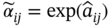 alpha overTilde Subscript italic i j Baseline equals exp left-parenthesis ModifyingAbove a With Ì‚ Subscript italic i j Baseline right-parenthesis