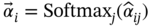 ModifyingAbove alpha With right-arrow Subscript i Baseline equals Softmax Subscript j Baseline left-parenthesis ModifyingAbove alpha With Ì‚ Subscript italic i j Baseline right-parenthesis