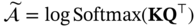 ModifyingAbove With tilde equals log Softmax left-parenthesis bold upper K upper Q Superscript down-tack Baseline right-parenthesis