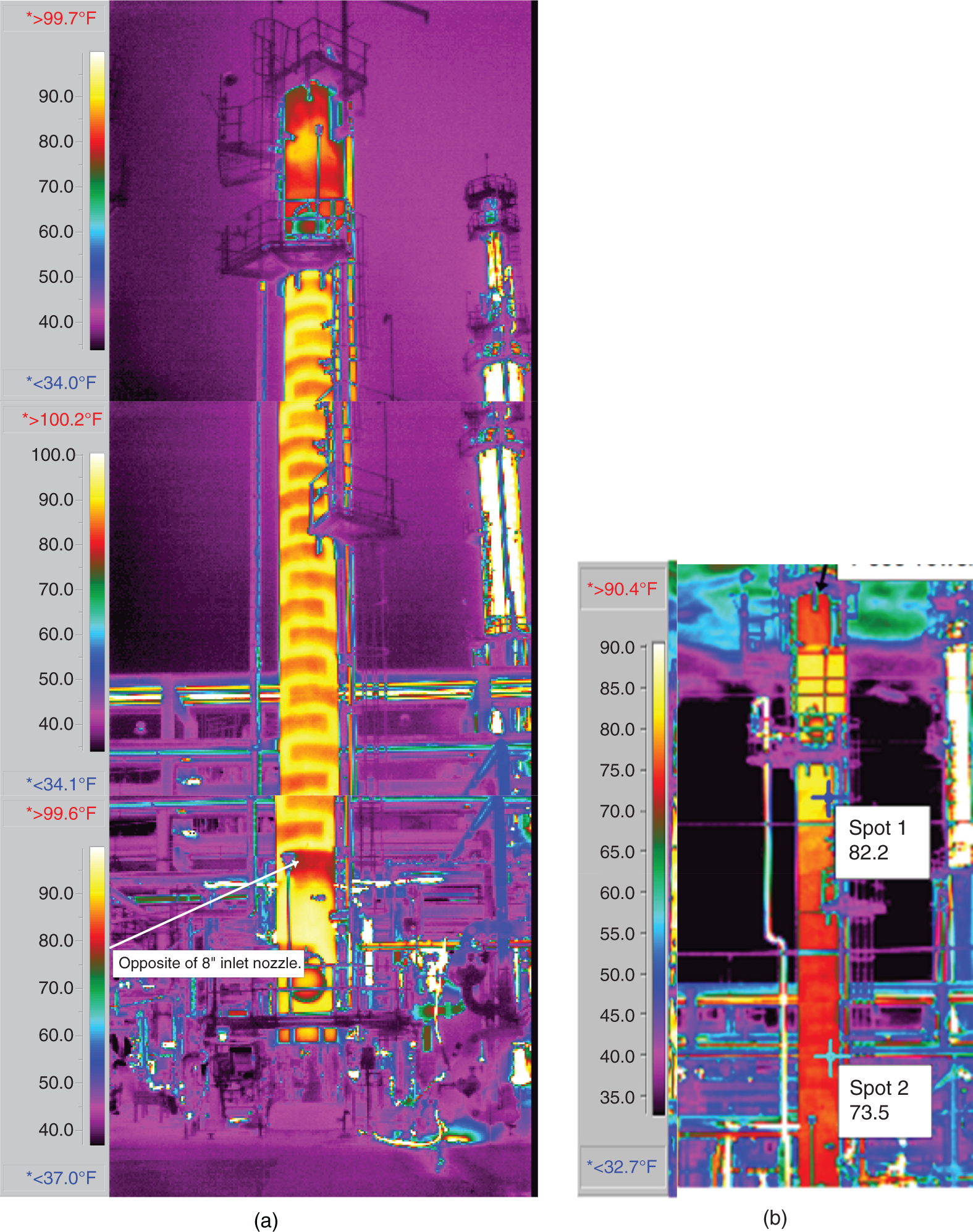 A set of two images displays the thermal scans of the absorber. The color scale on the right side of each image indicates the temperature range associated with different colors. The cylindrical structure in the images represents the absorber. The different colors on the absorber indicate temperature variations. Areas with higher temperatures, indicated by warmer colors, may represent hot spots or areas of inefficiency.