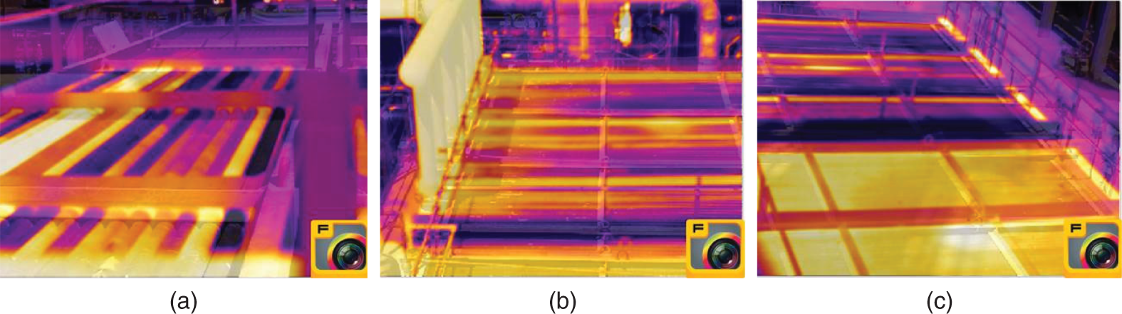 A set of three thermal scans of an air condenser, a heat exchanger used to cool a fluid by transferring heat to the surrounding air. The images are captured using a thermal camera, which displays the temperature distribution across the condenser tubes.