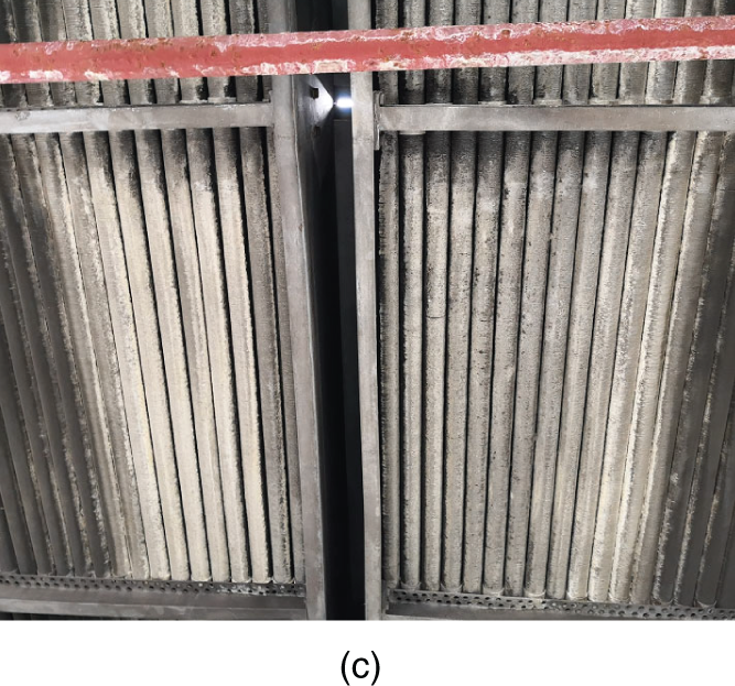 A close-up view of a heat exchanger, possibly from the inside of a unit.