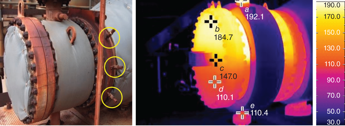 a. A standard photograph of the equipment, which provides a visual representation of its physical characteristics and components. b. A thermal image of the same equipment, captured using a thermal camera. This image displays the temperature distribution across the surface of the equipment. It represents the temperature readings ranging from 30.0 to 190.0.