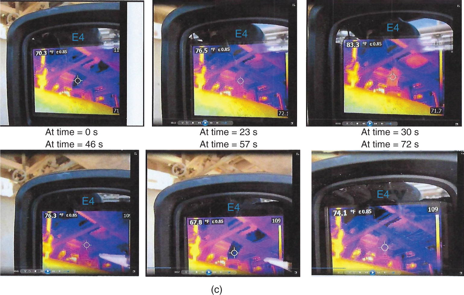 A set of six thermal images are captured using a thermal camera, which displays the temperature distribution in the field of view.