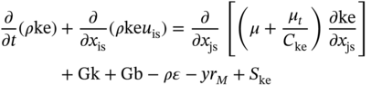 StartLayout 1st Row 1st Column StartFraction partial-differential Over partial-differential t EndFraction left-parenthesis rho k e right-parenthesis 2nd Column plus StartFraction partial-differential Over partial-differential x Subscript is Baseline EndFraction left-parenthesis rho k e u Subscript is Baseline right-parenthesis equals StartFraction partial-differential Over partial-differential x Subscript j s Baseline EndFraction left-bracket left-parenthesis mu plus StartFraction mu Subscript t Baseline Over upper C Subscript k e Baseline EndFraction right-parenthesis StartFraction partial-differential k e Over partial-differential x Subscript j s Baseline EndFraction right-bracket 2nd Row 1st Column Blank 2nd Column plus upper G k plus upper G b minus rho epsilon minus italic y r Subscript upper M plus upper S Subscript k e EndLayout