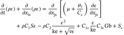 StartLayout 1st Row 1st Column StartFraction partial-differential Over partial-differential t EndFraction left-parenthesis rho epsilon right-parenthesis 2nd Column plus StartFraction partial-differential Over partial-differential x Subscript is Baseline EndFraction left-parenthesis rho epsilon right-parenthesis equals StartFraction partial-differential Over partial-differential x Subscript j s Baseline EndFraction left-bracket left-parenthesis mu plus StartFraction mu Subscript t Baseline Over upper C Subscript epsilon Baseline EndFraction right-parenthesis StartFraction partial-differential epsilon Over partial-differential x Subscript j s Baseline EndFraction right-bracket 2nd Row 1st Column Blank 2nd Column plus rho upper C 1 italic upper S epsilon minus rho upper C 2 StartFraction epsilon squared Over k e plus StartRoot italic v epsilon EndRoot EndFraction plus upper C Subscript 1 epsilon Baseline StartFraction epsilon Over k e EndFraction upper C Subscript 3 epsilon Baseline upper G b plus upper S Subscript epsilon EndLayout