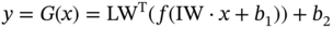 y equals upper G left-parenthesis x right-parenthesis equals upper L upper W Superscript normal upper T Baseline left-parenthesis f left-parenthesis upper I upper W dot x bold plus b 1 right-parenthesis right-parenthesis bold plus b 2
