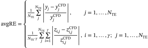avgRE equals StartLayout Enlarged left-brace 1st Row 1st Column StartFraction 1 Over upper N Subscript upper T upper E Baseline EndFraction sigma-summation Underscript j Overscript upper N Subscript upper T upper E Baseline Endscripts StartAbsoluteValue StartFraction y Subscript j Baseline minus y Subscript j Superscript upper C upper F upper D Baseline Over y Subscript j Superscript upper C upper F upper D Baseline EndFraction EndAbsoluteValue comma 2nd Column j equals 1 comma ellipsis comma upper N Subscript upper T upper E Baseline 2nd Row 1st Column Blank 2nd Column Blank 3rd Row 1st Column StartFraction 1 Over upper N Subscript upper T upper E Baseline dot gamma EndFraction sigma-summation Underscript j Overscript upper N Subscript upper T upper E Baseline Endscripts sigma-summation Underscript i equals 1 Overscript gamma Endscripts StartAbsoluteValue StartFraction z Subscript i comma j Baseline minus z Subscript i comma j Superscript upper C upper F upper D Baseline Over z Subscript i comma j Superscript upper C upper F upper D Baseline EndFraction EndAbsoluteValue comma 2nd Column i equals 1 comma ellipsis comma gamma semicolon j equals 1 comma ellipsis comma upper N Subscript upper T upper E Baseline EndLayout