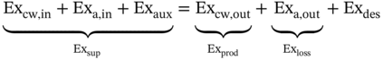 ModifyingBelow upper E x Subscript c w comma in Baseline plus upper E x Subscript normal a comma in Baseline plus upper E x Subscript a u x Baseline With presentation form for vertical right-brace Underscript upper E x Subscript sup Baseline Endscripts equals ModifyingBelow upper E x Subscript c w comma out Baseline With presentation form for vertical right-brace Underscript upper E x Subscript prod Baseline Endscripts plus ModifyingBelow upper E x Subscript normal a comma out Baseline With presentation form for vertical right-brace Underscript upper E x Subscript loss Baseline Endscripts plus upper E x Subscript d e s