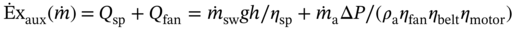 StartLayout 1st Row 1st Column ModifyingAbove normal upper E With dot normal x Subscript a u x Baseline left-parenthesis ModifyingAbove m With dot right-parenthesis 2nd Column equals 3rd Column upper Q Subscript s p Baseline plus upper Q Subscript f a n Baseline equals ModifyingAbove m With dot Subscript s w Baseline italic g h slash eta Subscript s p Baseline plus ModifyingAbove m With dot Subscript normal a Baseline normal upper Delta upper P slash left-parenthesis rho Subscript normal a Baseline eta Subscript f a n Baseline eta Subscript belt Baseline eta Subscript motor Baseline right-parenthesis EndLayout
