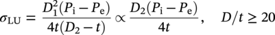 sigma Subscript upper L upper U Baseline equals StartFraction upper D 1 squared left-parenthesis upper P Subscript normal i Baseline minus upper P Subscript normal e Baseline right-parenthesis Over 4 t left-parenthesis upper D 2 minus t right-parenthesis EndFraction proportional-to StartFraction upper D 2 left-parenthesis upper P Subscript normal i Baseline minus upper P Subscript normal e Baseline right-parenthesis Over 4 t EndFraction comma upper D slash t greater-than-or-equal-to 20
