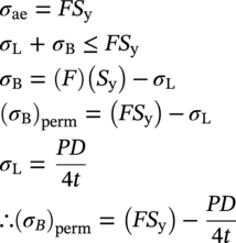 StartLayout 1st Row sigma Subscript a e Baseline equals italic upper F upper S Subscript normal y Baseline 2nd Row sigma Subscript normal upper L Baseline plus sigma Subscript normal upper B Baseline less-than-or-equal-to italic upper F upper S Subscript normal y Baseline 3rd Row sigma Subscript normal upper B Baseline equals left-parenthesis upper F right-parenthesis left-parenthesis upper S Subscript normal y Baseline right-parenthesis minus sigma Subscript normal upper L Baseline 4th Row left-parenthesis sigma Subscript normal upper B Baseline right-parenthesis Subscript perm Baseline equals left-parenthesis italic upper F upper S Subscript normal y Baseline right-parenthesis minus sigma Subscript normal upper L Baseline 5th Row sigma Subscript normal upper L Baseline equals StartFraction italic upper P upper D Over 4 t EndFraction 6th Row therefore left-parenthesis sigma Subscript upper B Baseline right-parenthesis Subscript perm Baseline equals left-parenthesis italic upper F upper S Subscript normal y Baseline right-parenthesis minus StartFraction italic upper P upper D Over 4 t EndFraction EndLayout