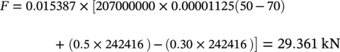 upper F equals 0.015387 times left-bracket 207000000 times 0.00001125 left-parenthesis 50 minus 70 right-parenthesis plus left-parenthesis 0.5 times 242416 right-parenthesis minus left-parenthesis 0.30 times 242416 right-parenthesis right-bracket equals 29.361 k upper N