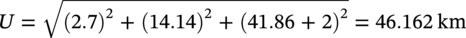 upper U equals StartRoot left-parenthesis 2.7 right-parenthesis squared plus left-parenthesis 14.14 right-parenthesis squared plus left-parenthesis 41.86 plus 2 right-parenthesis squared EndRoot equals 46.162 k m