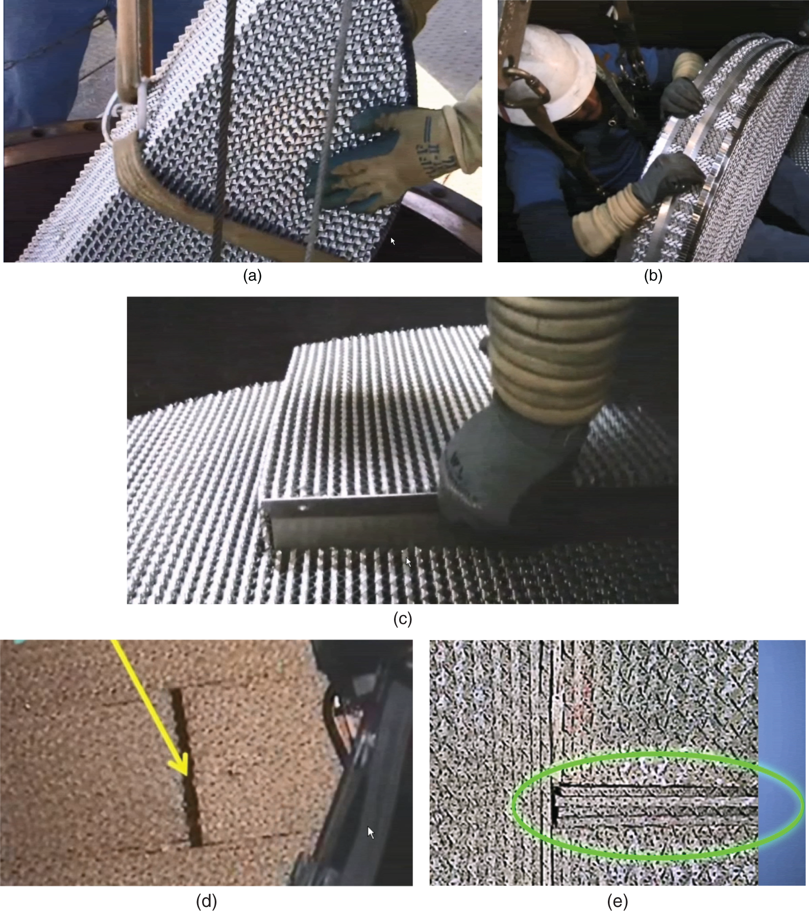 a. A photograph of a swaging wire mesh into place. This involves using a tool to compress and shape the wire mesh to fit securely within the column. b. A photograph of the use of a sling to carefully lower the packing elements into the column. c. A photograph of the process of placing the packing elements into the column in a specific arrangement. d. A photograph of inspecting the packing to ensure that it is properly aligned and positioned within the column.