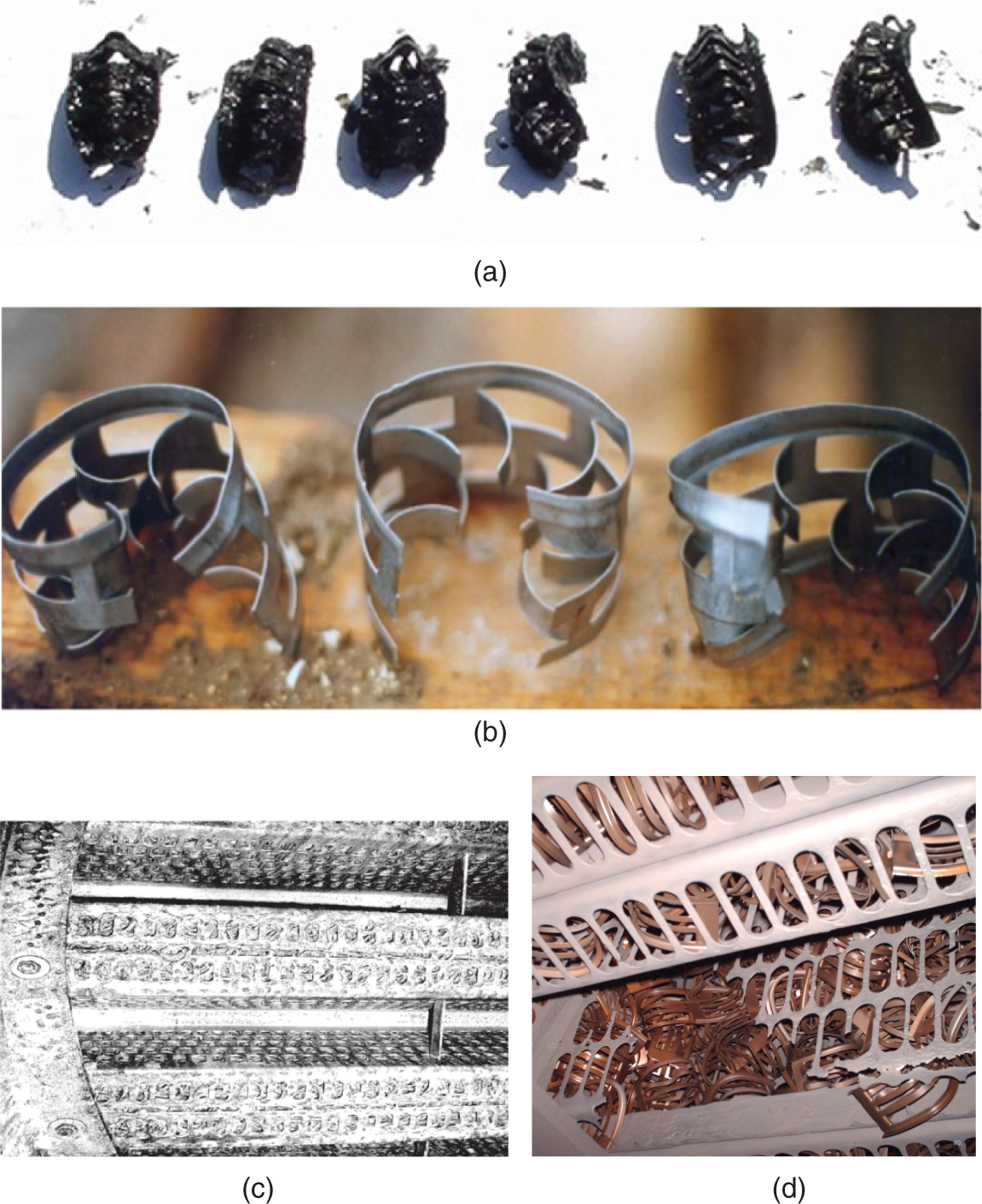a. A photograph of a fouled and slightly compressed packing. b. A photograph of packing elements that have lost their original shape or structure. c. A photograph of the support plate, which holds the packing in place, is blocked or restricted. d. A photograph of the support plate is damaged or broken.
