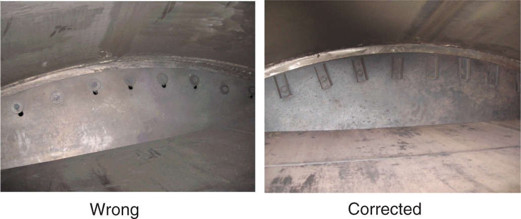a. A photograph of the surface appears to be uneven, with visible dents or indentations. b. A photograph of the surface appears smoother and more uniform. The dents or indentations seem to have been repaired or removed.