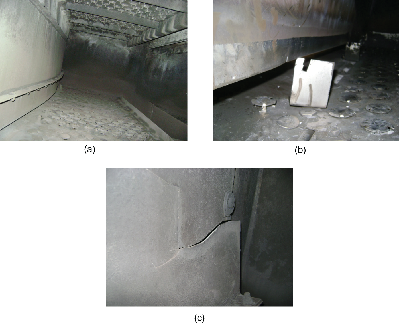 a. A photograph of a downcomer that has bulged or expanded outwards. b. a photograph of a downcomer that has become dislodged from its support bracket. c. A photograph of a downcomer that has developed a crack.
