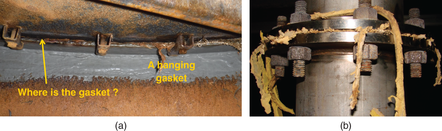 a. A photograph of a flange joint with a gasket that has become dislodged from its position. The gasket is visibly hanging down, which can lead to leaks and other operational issues. b. A photograph of an image provides a closer look at the flange joint and the hanging gasket. The gasket is partially visible between the flanges and the bolts.